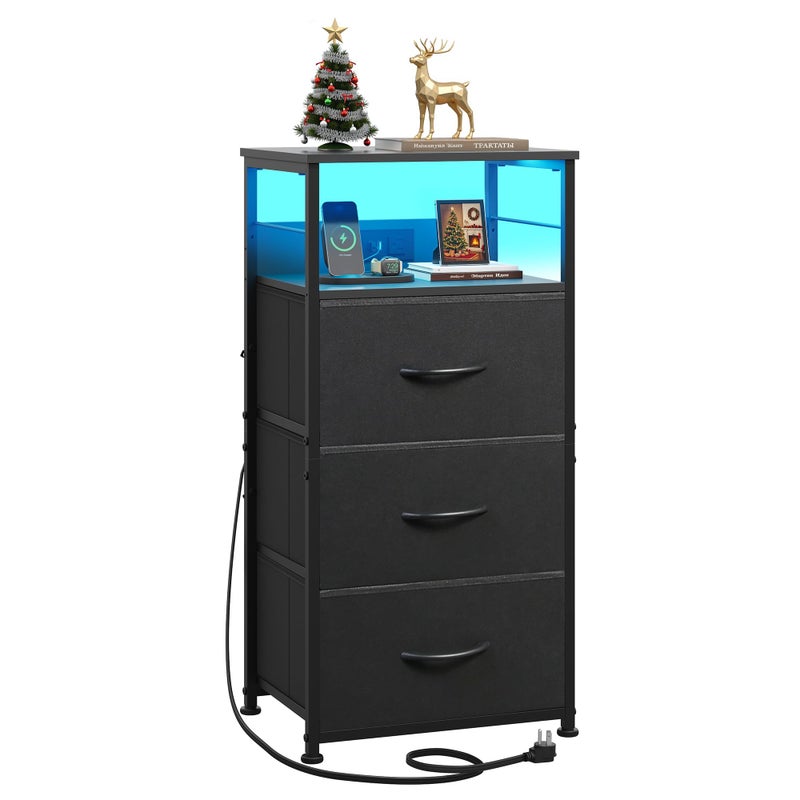 WLIVE Nightstand with Charging Station, 31.9" H Nightstand with 3 Fabric Drawers, LED Bedside Table with USB Ports and Outlets, End Table for Dorm, Bedroom, Entryway, Black - Image 1