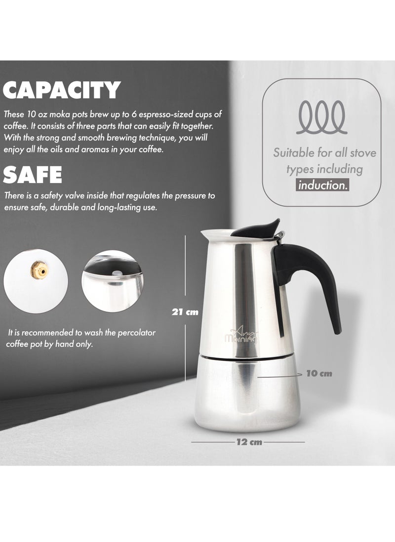 Any Morning - Stainless Steel Espresso Maker, 300ml / 10oz Coffee Maker, Induction Compatible Moka Pot, 6-Cup Capacity, Percolator Coffee Pot 6 Cups, Silver - Image 1