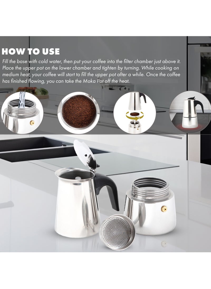 Any Morning - Stainless Steel Espresso Maker, 300ml / 10oz Coffee Maker, Induction Compatible Moka Pot, 6-Cup Capacity, Percolator Coffee Pot 6 Cups, Silver - Image 1