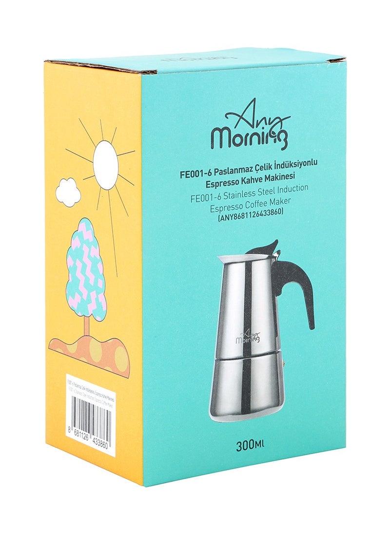 Any Morning - Stainless Steel Espresso Maker, 300ml / 10oz Coffee Maker, Induction Compatible Moka Pot, 6-Cup Capacity, Percolator Coffee Pot 6 Cups, Silver - Image 1