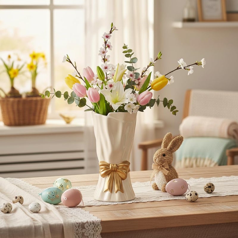 WLGRANJIA Bow Vase, White Flower Vase for Home Decor, White Ceramic Vases for Boho Style, 9.3 Inch Large Vases for Ideal Shelf/Table/Living Room Decor, Motherâ€˜s Day Gifts - Image 3