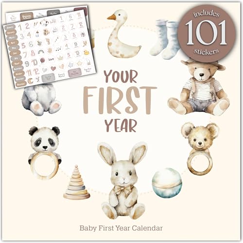 Bibi & Beau Baby's First Year Calendar with 100 Stickers - Unisex Baby Design 1st Years Wall Calendar With Stickers, Baby Tracker, Baby Scrapbook for New Mom and Newborn Boys & Girls - Image 1