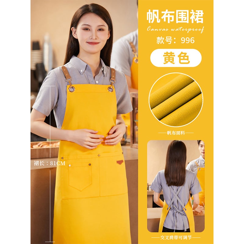 Yellow waterproof canvas apron custom logo printing catering special milk tea shop snack house supermarket work clothes women Ls-996 canvas apron yellow