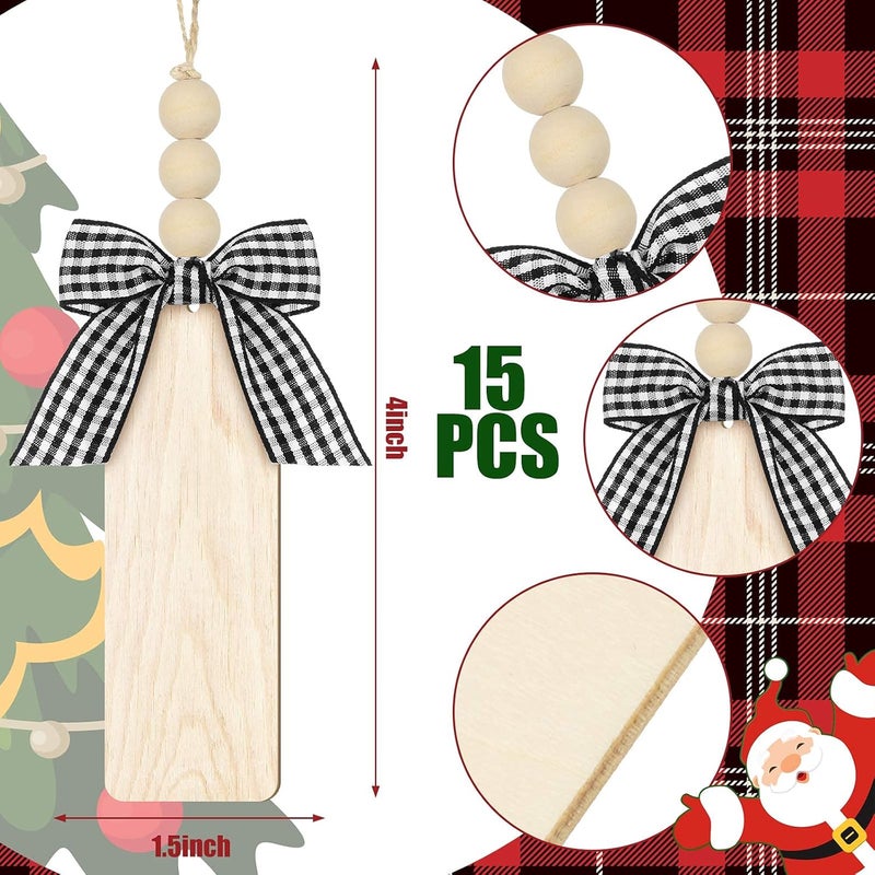 Queekay 15 Pieces Christmas Stocking Wood Tags Unfinished Wood Pendant Personalized Blank Wooden Rustic Farmhouse Hanging Xmas Stocking Name Tags with Beads Buffalo Plaid Bows - Image 2