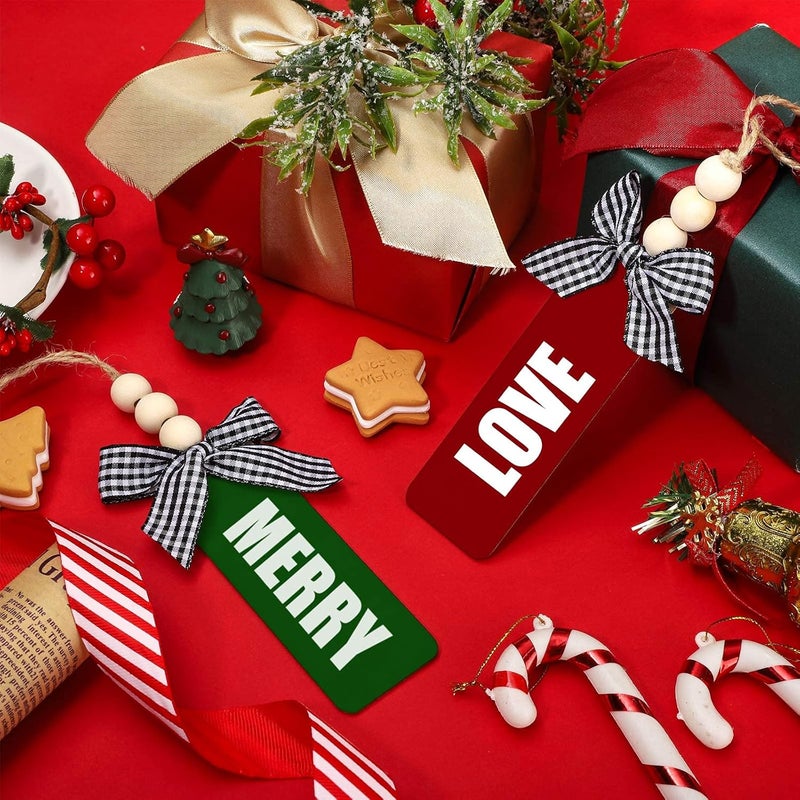 Queekay 15 Pieces Christmas Stocking Wood Tags Unfinished Wood Pendant Personalized Blank Wooden Rustic Farmhouse Hanging Xmas Stocking Name Tags with Beads Buffalo Plaid Bows - Image 4