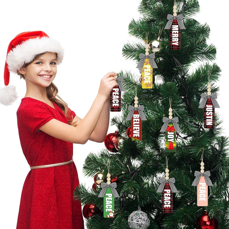 Queekay 15 Pieces Christmas Stocking Wood Tags Unfinished Wood Pendant Personalized Blank Wooden Rustic Farmhouse Hanging Xmas Stocking Name Tags with Beads Buffalo Plaid Bows - Image 5