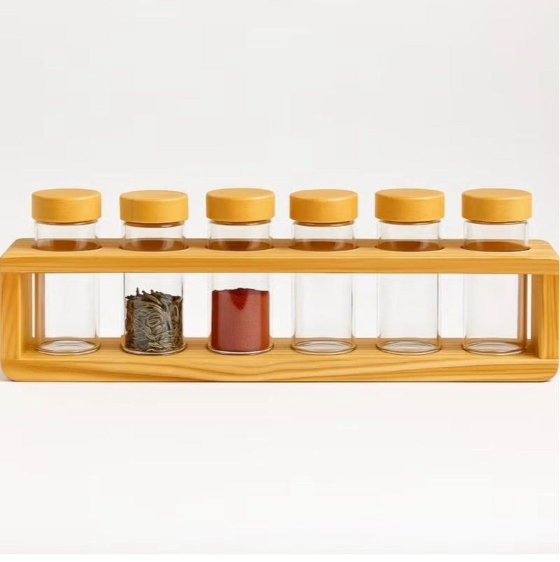 6-Piece Glass Spice Jar Set with Bamboo Rack - 4 oz Jars - Airtight Bamboo Lids - Countertop Kitchen Organizer - Image 2