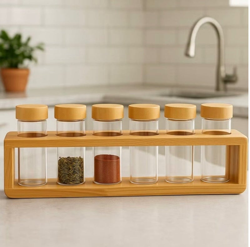 6-Piece Glass Spice Jar Set with Bamboo Rack - 4 oz Jars - Airtight Bamboo Lids - Countertop Kitchen Organizer - Image 1