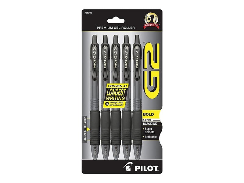 Pilot, G2 Premium Gel Roller Pens, Bold Point 1 mm, Pack of 5, Black - Image 1