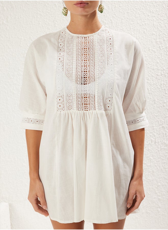 trendyol White*001 Plain Regular Midi Woven Lace Detail 100% Cotton Dress  - Image 2
