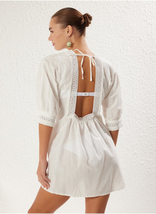 trendyol White*001 Plain Regular Midi Woven Lace Detail 100% Cotton Dress  - Image 4