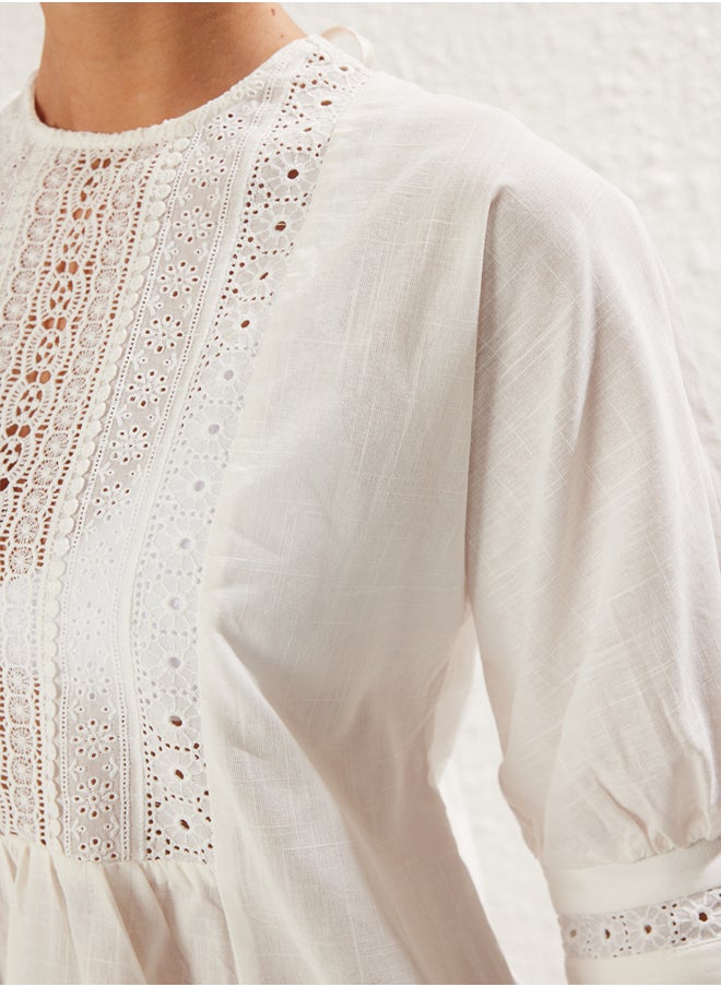 trendyol White*001 Plain Regular Midi Woven Lace Detail 100% Cotton Dress  - Image 3