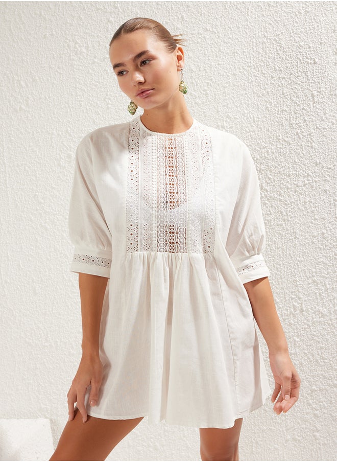 trendyol White*001 Plain Regular Midi Woven Lace Detail 100% Cotton Dress  - Image 1