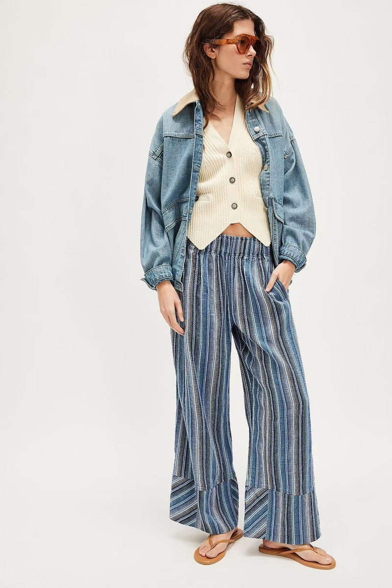 2025 Fall Striped Wide-Leg Pants High-Waist Slim Casual Trousers for Women European American Straight-Leg Office Wear