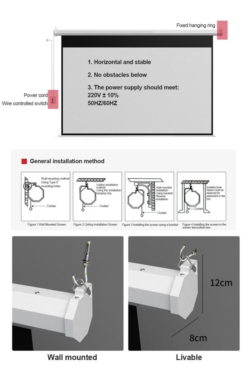 84-100-120 Inch 16:9 Wall Mount Electric Projector Screen Motorized Projection Curtain with Remote Control For Business/School/Office/Meeting