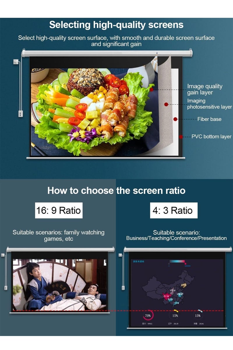 84-100-120 Inch 16:9 Wall Mount Electric Projector Screen Motorized Projection Curtain with Remote Control For Business/School/Office/Meeting