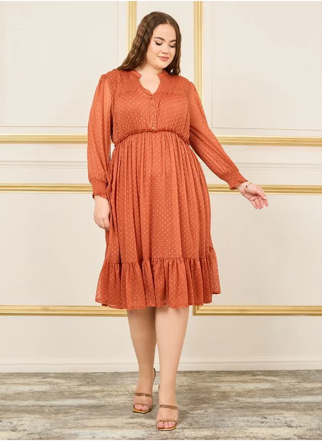 Styli Plus Dobby Ruffle Detail A-Line Midi Dress