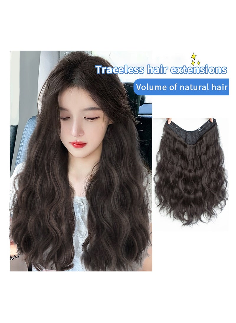 JOGAMS V Shaped Natural Black Hair Extensions One Piece Wavy Hair Extension with 4 Clips Heat Resistant Synthetic Hairpiece for Women Girls - Image 1