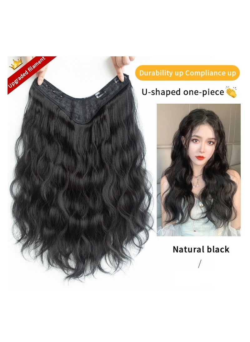 JOGAMS V Shaped Natural Black Hair Extensions One Piece Wavy Hair Extension with 4 Clips Heat Resistant Synthetic Hairpiece for Women Girls - Image 2