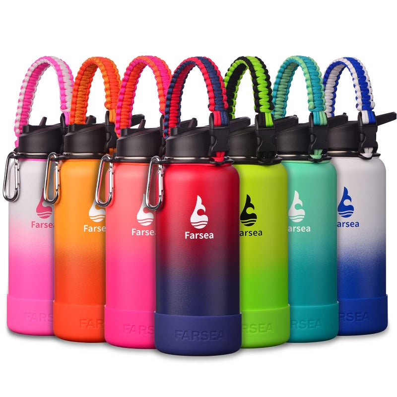 Farsea Insulated Water Bottle With Paracord Handle  Protective Silicone Boot and 2 Lids (Straw Lid & Spout Lid)  Stainless Steel Water Bottle Wide Mouth  Double Wall Sweat-Proof BPA-Free  32 oz - Image 1