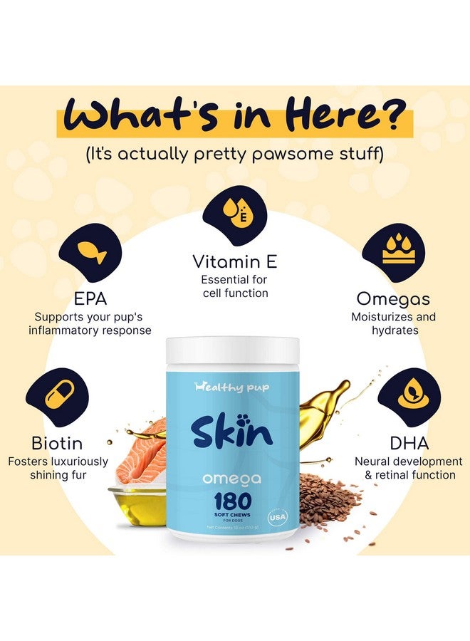 Dog Fish Oil Supplements - 180 Delicious Chew Treats - Omega 3 Rich Salmon Oil, EPA, DHA, Biotin, and Vitamin E for Healthier, Shinier, Skin, Coat and Fur, Helps Skin Allergies
