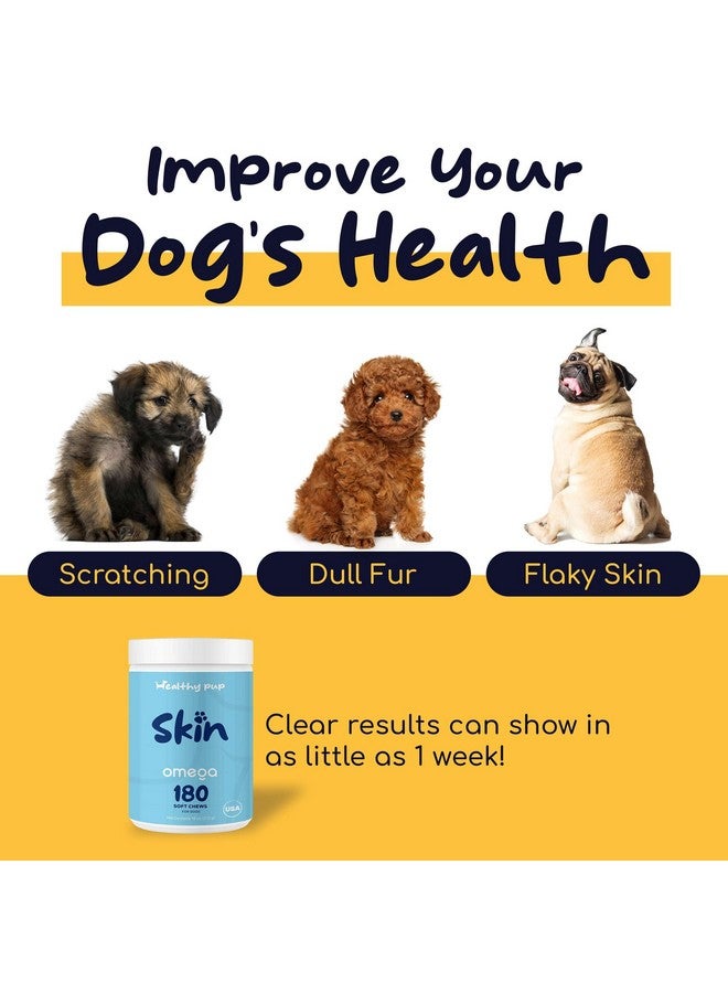 Dog Fish Oil Supplements - 180 Delicious Chew Treats - Omega 3 Rich Salmon Oil, EPA, DHA, Biotin, and Vitamin E for Healthier, Shinier, Skin, Coat and Fur, Helps Skin Allergies