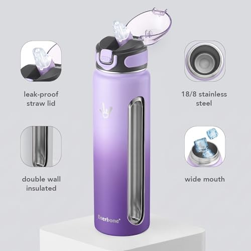 Enerbone 32 oz Insulated Water Bottle, 32oz 2 Lids (with Straw/No Straw), Stainless Steel Double Wall Flask for Hot & Cold Drinks, Leakproof Travel Bottle for Gym, Office, Hiking - Image 2