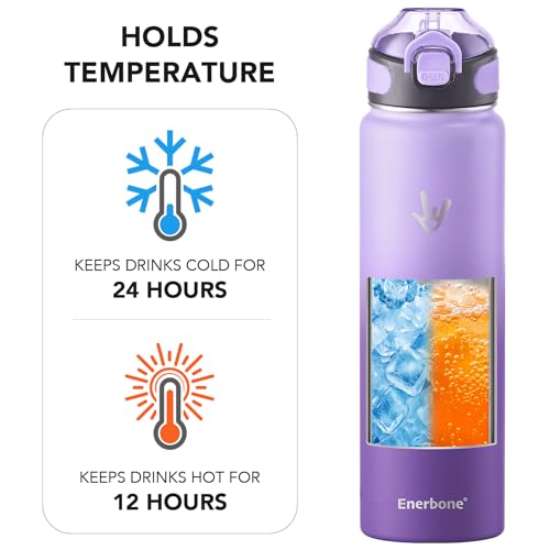 Enerbone 32 oz Insulated Water Bottle, 32oz 2 Lids (with Straw/No Straw), Stainless Steel Double Wall Flask for Hot & Cold Drinks, Leakproof Travel Bottle for Gym, Office, Hiking - Image 3