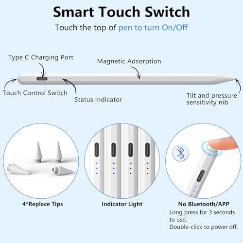 COO ​​​Stylus Pen for iPad 2018-2025 with Palm Rejection, Active Pencil for iPad 10th/9th/8th/7th/6th Generation, for iPad Pro 11/12.9 inch, for iPad Air 5th/4th/3th Gen, for iPad Mini 6th/5th Gen (White) - Image 4