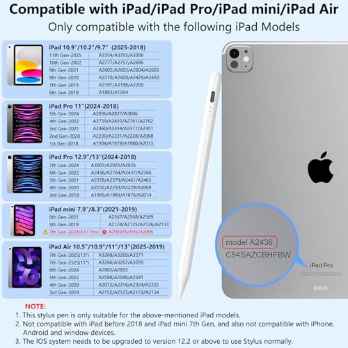 COO ​​​Stylus Pen for iPad 2018-2025 with Palm Rejection, Active Pencil for iPad 10th/9th/8th/7th/6th Generation, for iPad Pro 11/12.9 inch, for iPad Air 5th/4th/3th Gen, for iPad Mini 6th/5th Gen (White) - Image 5