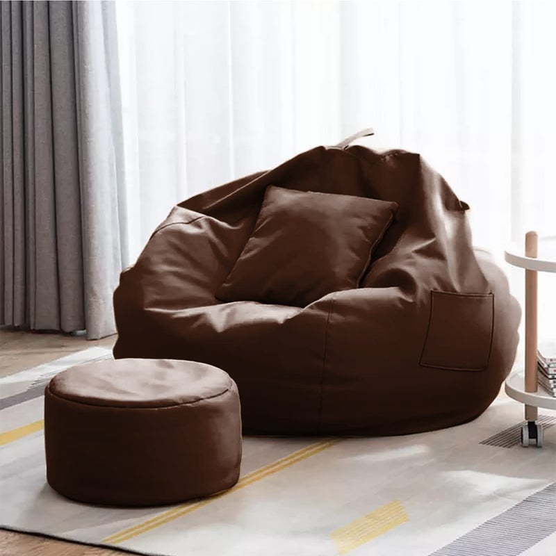 Kitepro Kitepro 4XL Bean Bag with Footstool Cushion Ready to Use Filled with Beans Faux Leather Bean Bag Chair for Home Brown XXXL - Image 1