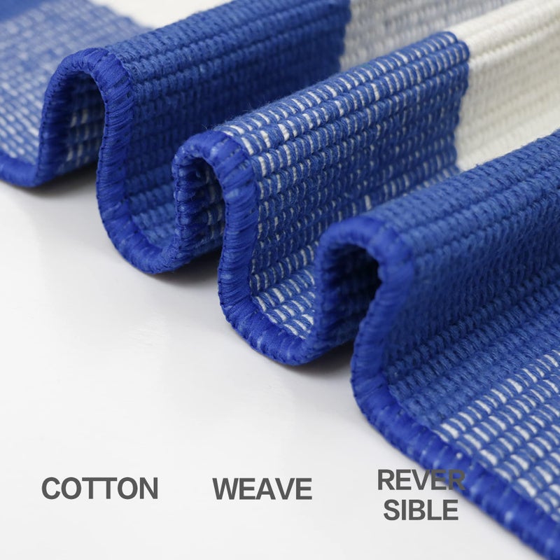 MUBIN Cotton Blue White Plaid Rug, 27.5''x 43'' Checked Outdoor Rug Front Door Decorative Mat, Hand-Woven Washable Reversible Foldable Rug for Front Porch, Entryway (43''L x 27.5''W, Blue White Plaid) - Image 3