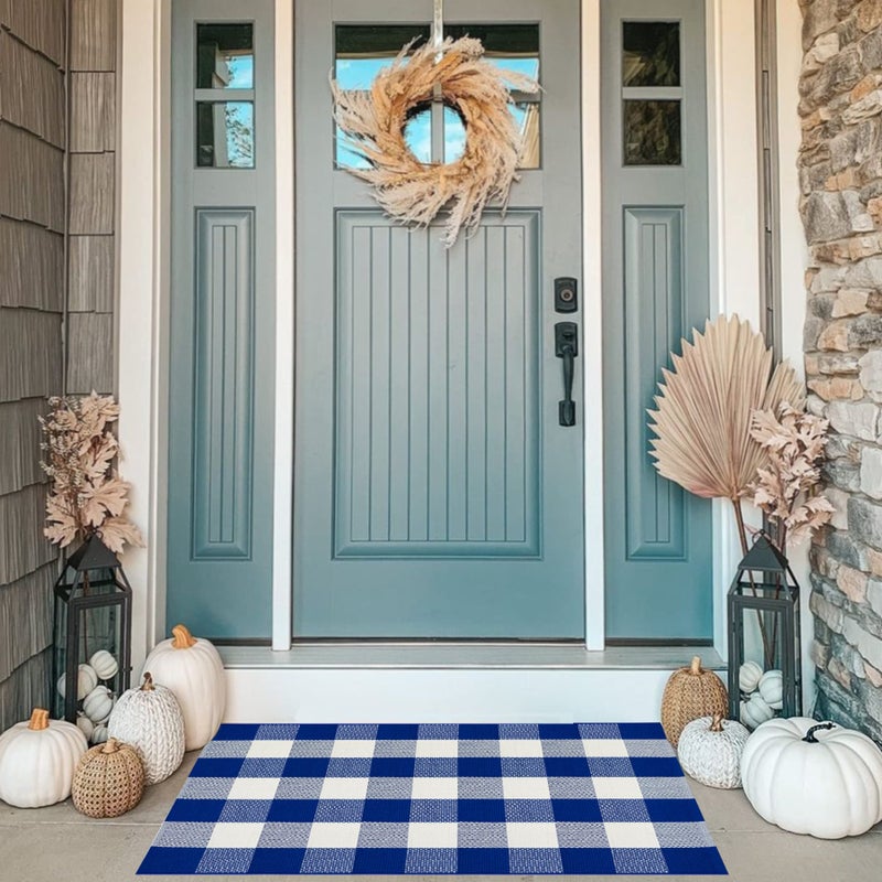 MUBIN Cotton Blue White Plaid Rug, 27.5''x 43'' Checked Outdoor Rug Front Door Decorative Mat, Hand-Woven Washable Reversible Foldable Rug for Front Porch, Entryway (43''L x 27.5''W, Blue White Plaid) - Image 1