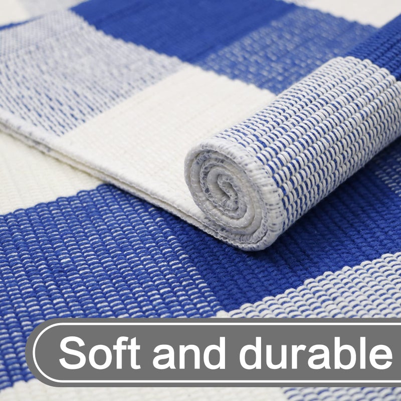 MUBIN Cotton Blue White Plaid Rug, 27.5''x 43'' Checked Outdoor Rug Front Door Decorative Mat, Hand-Woven Washable Reversible Foldable Rug for Front Porch, Entryway (43''L x 27.5''W, Blue White Plaid) - Image 4