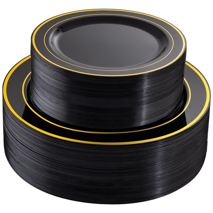 100PCS BLACK AND GOLD PLATES HEAVY DUTY BLACK PLATES DISPOSABLE FOR HALLOWEEN PARTYNEW YEAR INCLUDE 50PCS 1025INCH DINNER PLATES 50PCS 75INCH DESSERT PLATES