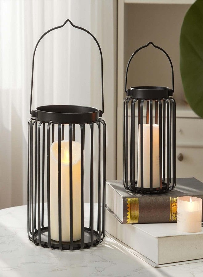 Kolnlala Farmhouse Lantern Decor Set of 2 - 9.5" & 14.2" Metal Candle Holders, Rustic Modern Vintage Style for Indoor Outdoor, Porch Patio Fireplace Mantle Wedding Decor (Black) - Image 2