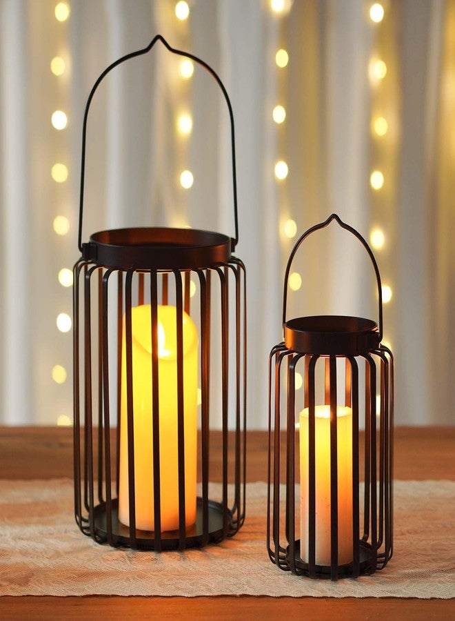 Kolnlala Farmhouse Lantern Decor Set of 2 - 9.5" & 14.2" Metal Candle Holders, Rustic Modern Vintage Style for Indoor Outdoor, Porch Patio Fireplace Mantle Wedding Decor (Black) - Image 1