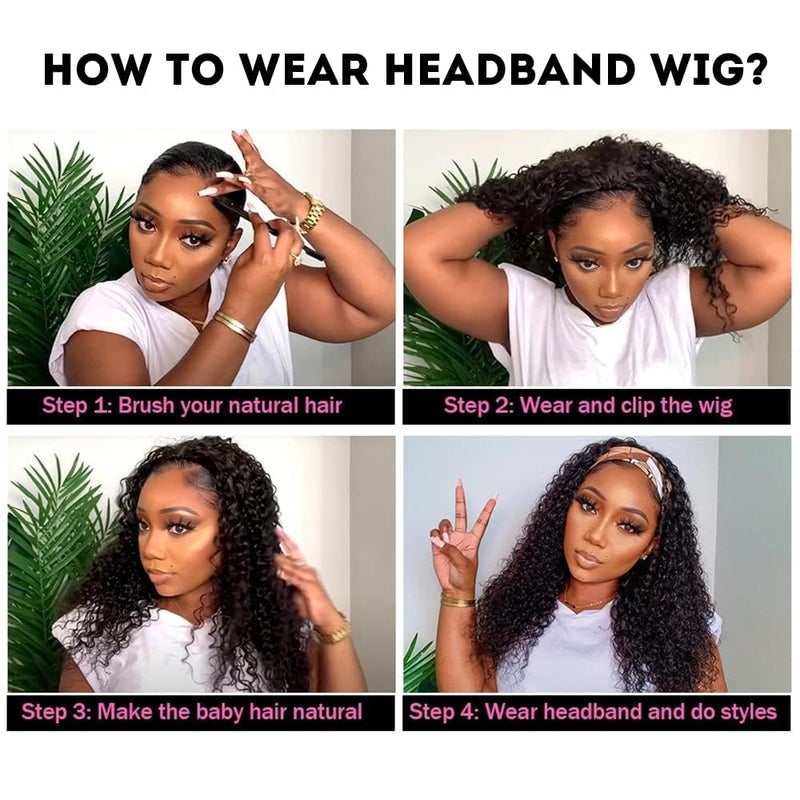Celiarita Headband Wig Human Hair Deep Wave Wigs 24 inch Brazilian Human Hair Headband Wigs for Black Women Glueless Non Lace Front Wig Machine Made Curly Deep Wave Headband Wig 150% Density Natural Color - Image 4