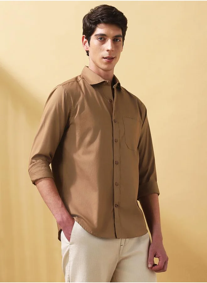 Dennis Lingo Brown 40's poplin Solid Pattern Regular Fit Shirts for Men with Spread collar Neckline Full Sleeves Regular Length Upper Body Wear Button Down Button Closure Woven Weave - Perfect for Lifestyle Occasions
