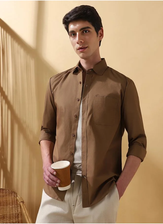 Dennis Lingo Brown 40's poplin Solid Pattern Regular Fit Shirts for Men with Spread collar Neckline Full Sleeves Regular Length Upper Body Wear Button Down Button Closure Woven Weave - Perfect for Lifestyle Occasions