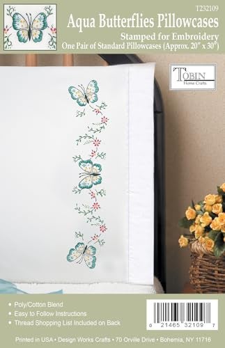 DesignWorks Ink Design Works Crafts Stamped Embroidery Aqua Butterfly Pillowcases (Set of 2), 20 by 30", Blue - Image 2