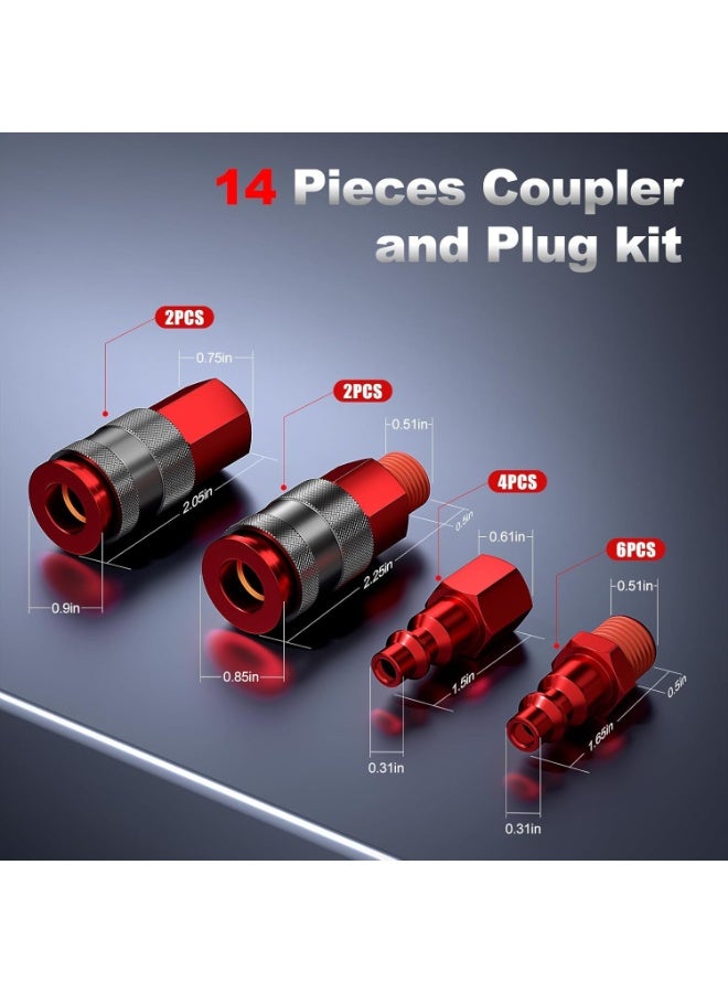 1/4" NPT Quick Connect Air Fittings Kit - 14 Pieces (6 Male Plugs, 4 Female Plugs, 2 Male Couplers, 2 Female Couplers) - Aluminum - Safety Locking Design - Universal Compatibility - Image 3