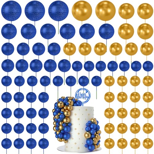 NACHLYNN 80 Pcs Cake Balls Decorations Mini Balloon Cake Topper Balls Foam Cupcake Toppers Balls for Cake Decorating Birthday Parties Weddings Anniversary Glitter Royal Blue Gold - Image 1