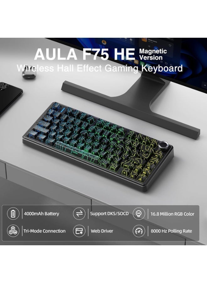 AULA F75 HE Gaming Keyboard with Magnetic Switches, 3-Mode, BT/2.4G/USB-C, 8000Hz Polling Rate, 4000mAh Battery, Supports DKS and SOCD, Adjustable Playback, Color (Black Contour) - Image 3