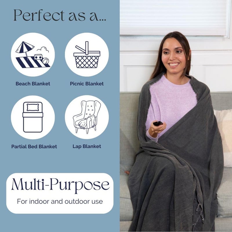 InfuseZen Stonewashed Turkish Throw Blanket - 100% Organic Cotton - 80" x 48" - Soft, Lightweight, Cozy - for Couch, Sofa, Picnic, Yoga - Charcoal Grey - Image 4