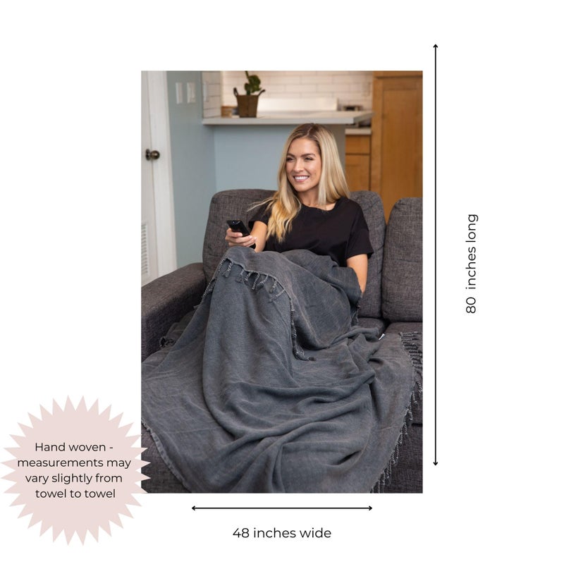 InfuseZen Stonewashed Turkish Throw Blanket - 100% Organic Cotton - 80" x 48" - Soft, Lightweight, Cozy - for Couch, Sofa, Picnic, Yoga - Charcoal Grey - Image 3