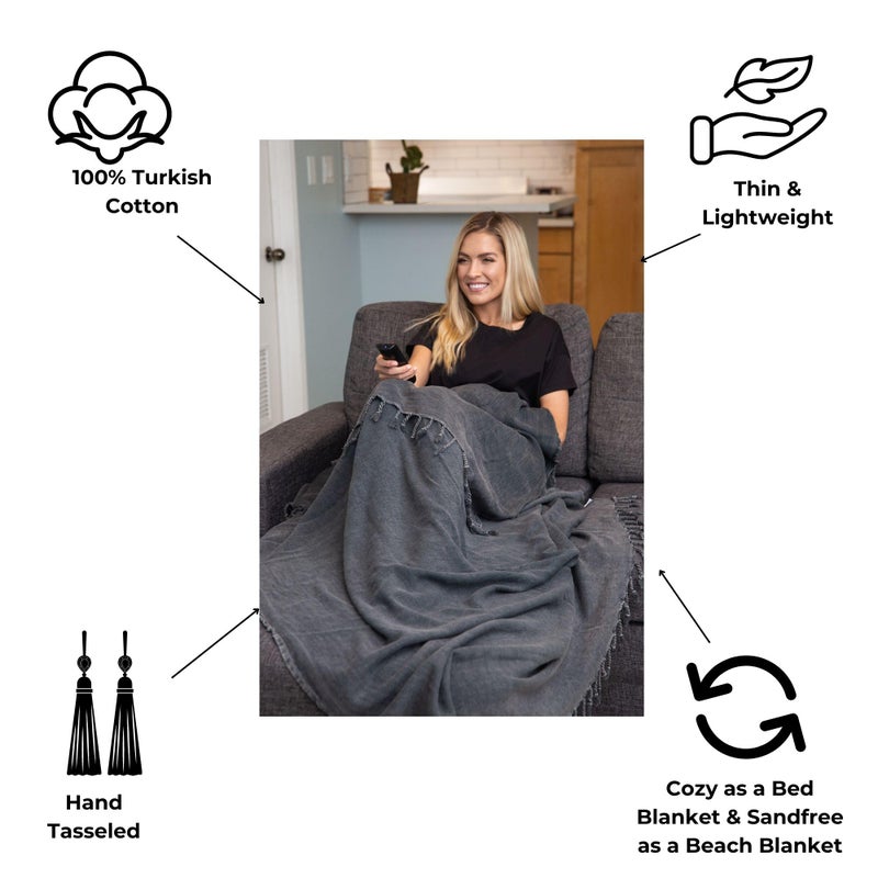 InfuseZen Stonewashed Turkish Throw Blanket - 100% Organic Cotton - 80" x 48" - Soft, Lightweight, Cozy - for Couch, Sofa, Picnic, Yoga - Charcoal Grey - Image 2