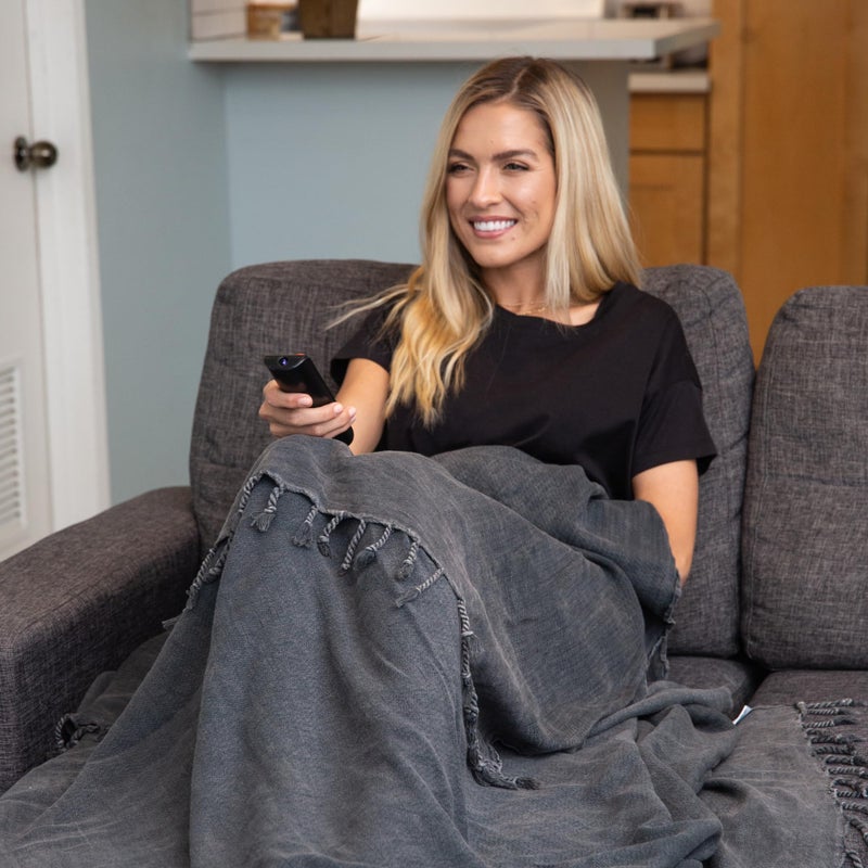 InfuseZen Stonewashed Turkish Throw Blanket - 100% Organic Cotton - 80" x 48" - Soft, Lightweight, Cozy - for Couch, Sofa, Picnic, Yoga - Charcoal Grey - Image 5
