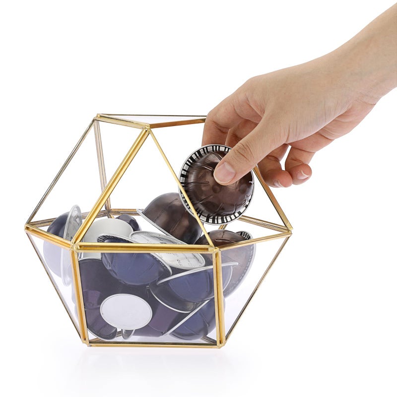 ELLDOO Gold Glass Coffee Pods Holder Large Capacity 14 Sided Glass Box for K Cups  Nespresso Capsules Coffee Capsule Storage for Counter Coffee Bar Kitchen Office