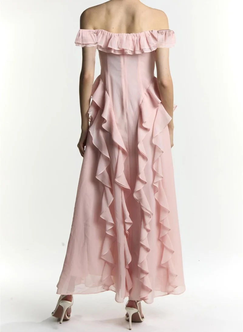 True Decadence Ari Pale Pink Bardot Ruffle Maxi Dress